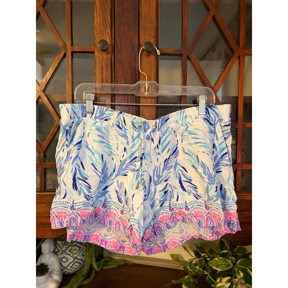 Lilly Pulitzer XL Katia Blue Pink White Floral Rayon Shorts Style 001469
